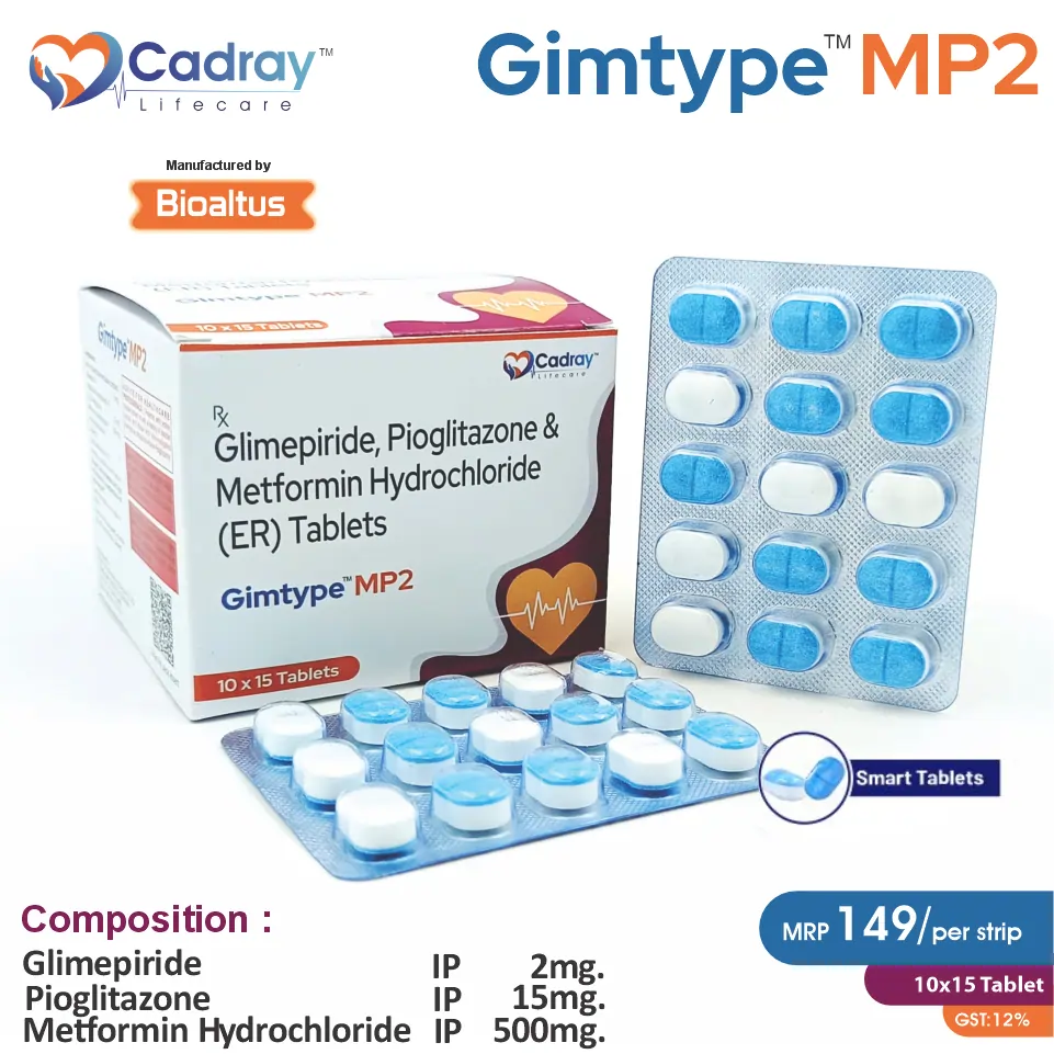 Glimepiride 2mg + Metformin 500mg + Pioglitazone 15mg Tablet for diabetes management | Best price for PCD Pharma Franchise | WHO-GMP certified